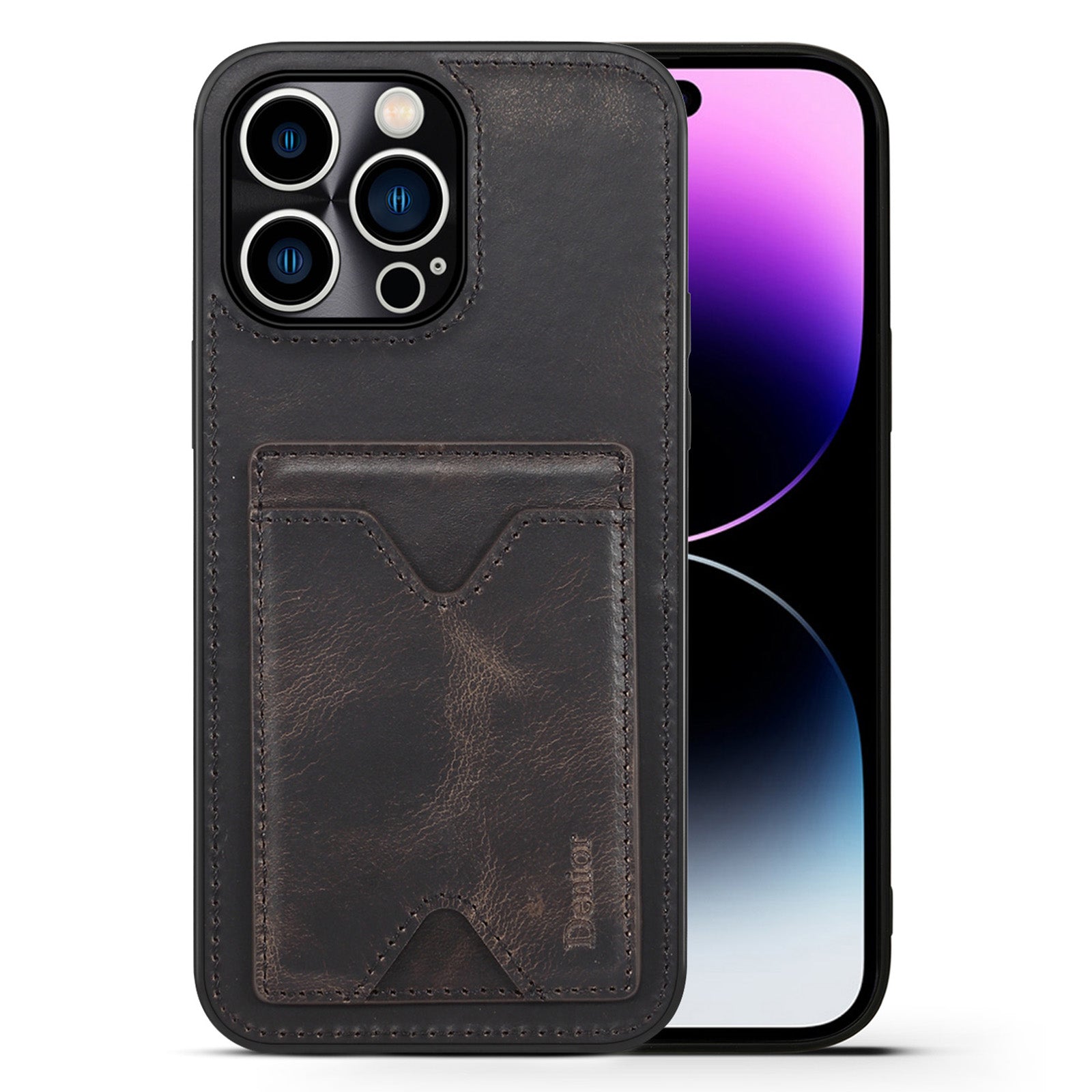 DENIOR Cowhide Leather TPU Case for iPhone 14 Pro Max Shockproof Phone Cover with Card Holder Kickstand DENIOR Cowhide Leather TPU Case for iPhone 14 Pro Max Shockproof Phone Cover with Card Holder Kickstand